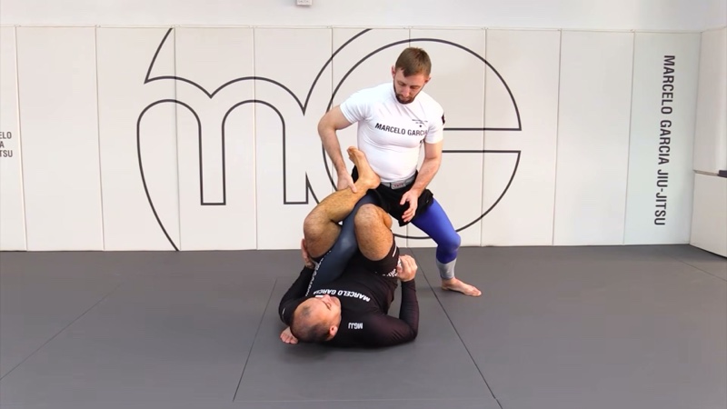 The bottom player wraps both legs around one of a standing opponent's legs, with a foot on the hip, in single-leg X-guard.
